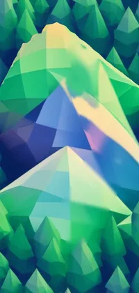 Looking for a stunning live wallpaper for your phone? Check out this colorful 3D crystal image featuring a mountain surrounded by trees