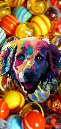 This phone live wallpaper depicts a photorealistic painting of a dog surrounded by colorful glass beads