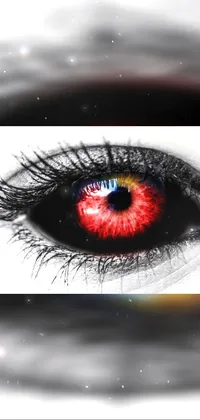 This phone live wallpaper displays a captivating close-up of a red eye against a white background, accompanied by a colorful and dark design that includes stars twinkling in the eye