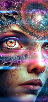 Experience a stunning phone live wallpaper featuring a close up of a woman's face and eyes, adorned with intricate patterns and designs