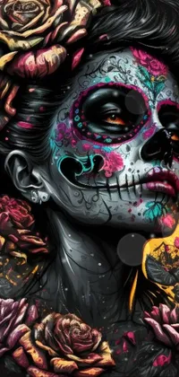 This phone live wallpaper features stunning vector art of a woman adorned with sugar skulls and roses in hand