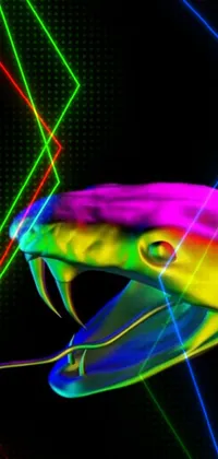 Get an amazing live wallpaper for your phone featuring a close-up of a holographic shark head in stunningly vibrant colors of blue, green, purple, and pink - inspired by the legendary Roger Dean