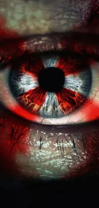 This phone wallpaper showcases a close-up image of a bloodstained eye, designed in a unique style reminiscent of Resident Evil games and trash polka art