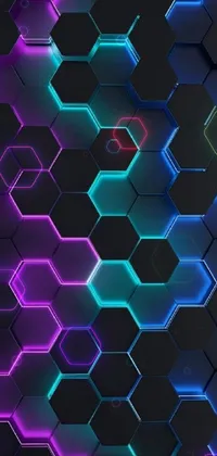 Add a pop of color to your phone's display with this stunning live wallpaper! The black background is highlighted by blue and purple hexagons in a honeycomb pattern