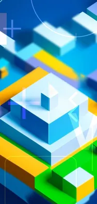 Looking for a stunning live wallpaper for your phone? Check out this geometric abstract art featuring a modern building surrounded by blocks on a bold blue background