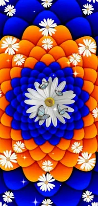 This live wallpaper for phones features a mesmerizing blue and orange flower surrounded by delicate white flowers arranged in intricate patterns inspired by traditional Indian designs