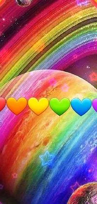Add a pop of color to your phone with this vibrant live wallpaper! A planet covered in hearts dominates the screen, sitting against a rainbow stripe background that is sure to make any day brighter