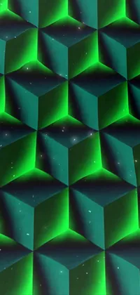 This lively mobile wallpaper is a cutting-edge design that features a trending pattern of vibrant green cubes set against a black background