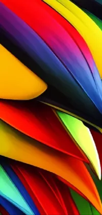 This phone live wallpaper features a stunning digital painting of colorful feathers arranged in a toucan-inspired palette