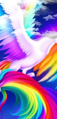 This vibrant live phone wallpaper showcases a rainbow-colored unicorn majestically soaring through a sky filled with colorful birds, set against a whimsical digital art inspired by Lisa Frank's unique style, featuring bold patterns and vivid colors