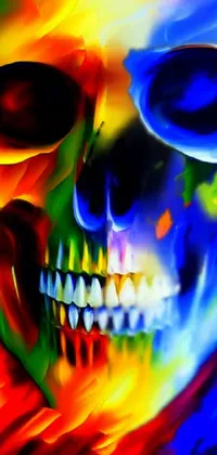 Looking for an eye-catching and edgy live wallpaper for your phone? Check out this highly detailed digital painting of a skull on a colorful background! With intricate lines and shading in vibrant rainbow colors, this airbrush oil painting depicts a psychedelic laughing demon with swirling patterns