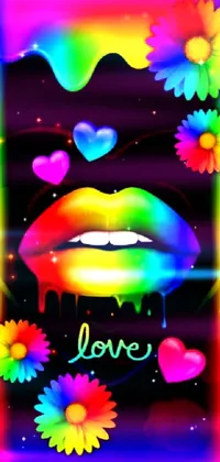 This lively phone wallpaper boasts a digital art design with rainbow lips, blooming flowers, and neon lights