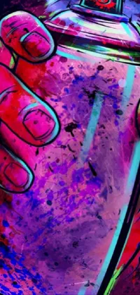 This phone live wallpaper showcases a striking pop art painting of a hand holding a spray can, complemented by a purple shattered paint effect