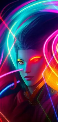 This live wallpaper for phone features a stunning illustration of a woman with flowing hair against a background filled with neon lights