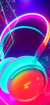 This live phone wallpaper is a striking vector art design of vibrant headphones sitting on a table, with a neon visor and vivid, glowing colors