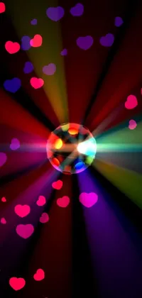 Get ready to groove with this dazzling phone live wallpaper! The design features a disco ball set against a dark background, surrounded by an array of colorful hearts