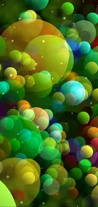 This live wallpaper for your phone features a breathtaking scene of colored balls floating in a forest with fractal patterns