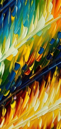 This live wallpaper features a vibrant close-up of a stunning oil painting of feathers