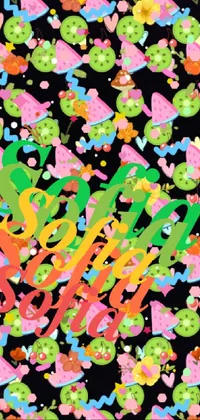 This live phone wallpaper features a black background with colorful confetti sprinkles and striking concept art