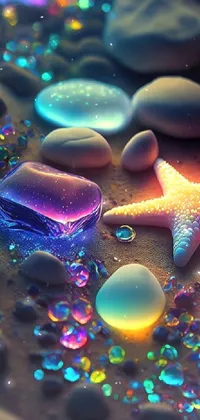 This stunning live wallpaper is perfect for marine lovers! It features a colorful, adorable starfish sitting atop a pile of rocks, surrounded by a backdrop of microscope-inspired elements and digital art