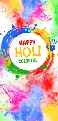 This lively phone wallpaper features a colorful, promotional poster with the words "happy holi" displayed in bold lettering