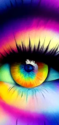 This phone live wallpaper displays a captivating rainbow-colored eye up close, boasting intricate airbrush digital art that takes inspiration from popular designs