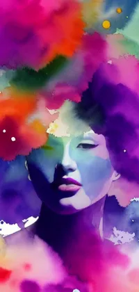 This phone live wallpaper features an enchanting painting of a woman with vibrant, colorful hair