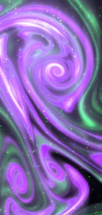 This stunning live phone wallpaper displays a vibrant purple and green swirl on a black background, incorporating stunning digital paintings and space art