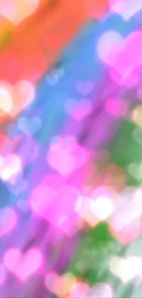 This live wallpaper for your phone features a dreamy image of blurred hearts with an iridescent, bokeh background