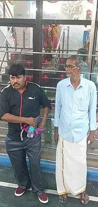 This phone live wallpaper shows two men outside a store, carrying gifts