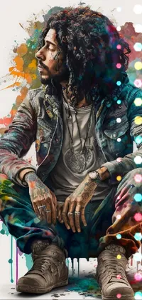 This live phone wallpaper features a vibrant vector art illustration of a man with long dreadlocks sitting on the ground