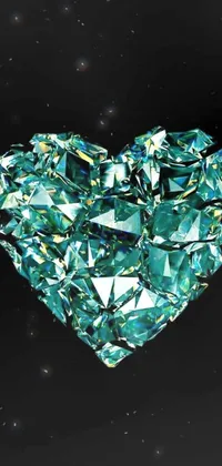 This stunning phone live wallpaper features a heart-shaped diamond in crystal cubism style with greenish blue tones and verdigris accents on a sleek black background