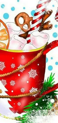 This live phone wallpaper showcases a cup of hot cocoa with marshmallows on top, set against a charming background of process art elements and festive symbols like Santa, bow, zombie, strawberry, fairy, bee, and alien emoticons
