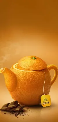 This phone live wallpaper features a stunning orange fruit with a tea bag in front of it
