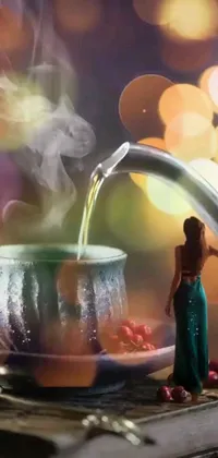 This beautiful digital art phone live wallpaper showcases a magical woman pouring water into a teapot