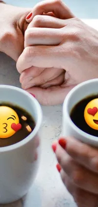 Get lovely and lively with this phone live wallpaper featuring two individuals holding coffee cups with emojis on them