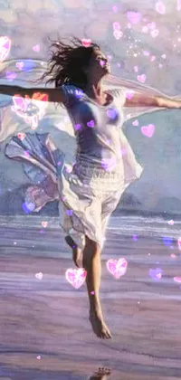 This live phone wallpaper displays a beautiful and intricate painting of a woman running gracefully on a beach