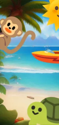 This phone live wallpaper features a lively scene on a tropical beach, with a monkey and a turtle in the foreground