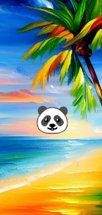 This live phone wallpaper showcases a fine art style painting of a panda bear on a beach