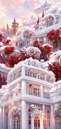 This phone live wallpaper showcases a stunning digital artwork of a large white building surrounded by snow-covered trees in a serene winter landscape