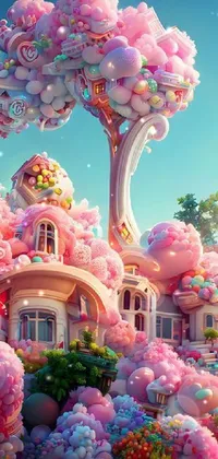 This captivating live phone wallpaper features a colorful array of balloons floating against a candy land themed house surrounded by swirling trees and flowers