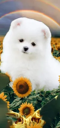 This stunning phone live wallpaper features a fluffy white Pomeranian dog sitting in a sunflower field