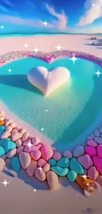 Get mesmerized by this phone live wallpaper featuring a heart-shaped sculpture made of rocks on a tranquil beach