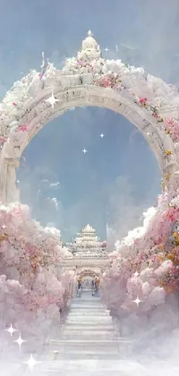 This phone live wallpaper features a mesmerizing painting of a white archway surrounded by beautiful pink flowers