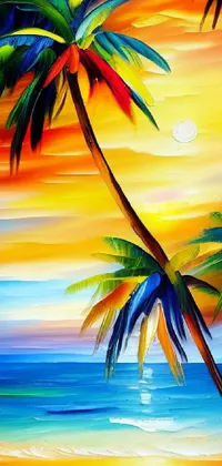 Take a piece of the beach with you everywhere you go with this stunning phone live wallpaper! The airbrush painting features two palm trees swaying in the breeze on a sandy beach, with a breathtaking sunset in the background