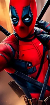 This phone live wallpaper features a red and black Deadpool costume with a man holding two swords