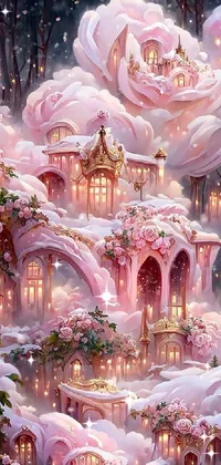 This live wallpaper displays a beautiful painting of a fantasy fairy castle in the snow, complete with a magical crown of mechanical peach roses