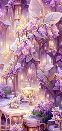 This phone live wallpaper showcases a captivating painting of a grand castle surrounded by resplendent purple flowers