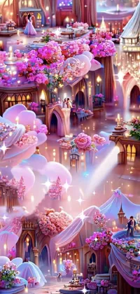 This phone live wallpaper showcases a colorful and detailed illustration of a whimsical room filled with pink flowers