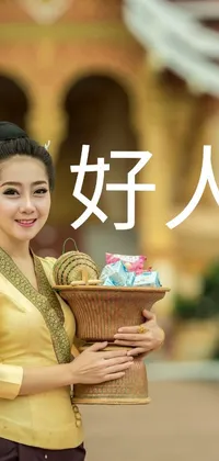 This live wallpaper boasts a vibrant image of a woman holding a basket of food in front of a traditional building, accompanied by golden Chinese text
